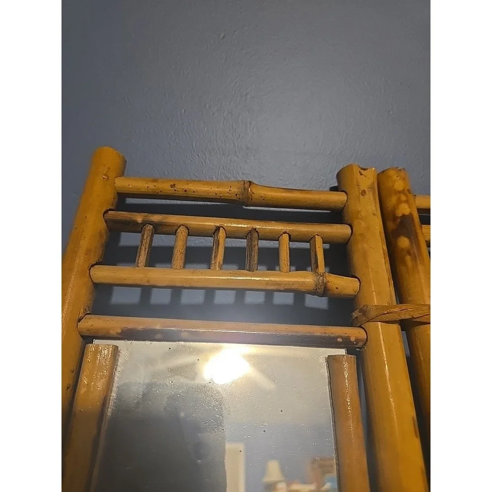 VTG Bamboo Rattan‎ Tabletop Vanity Mirror Folding 2 Sides Jewelry Holder Boho